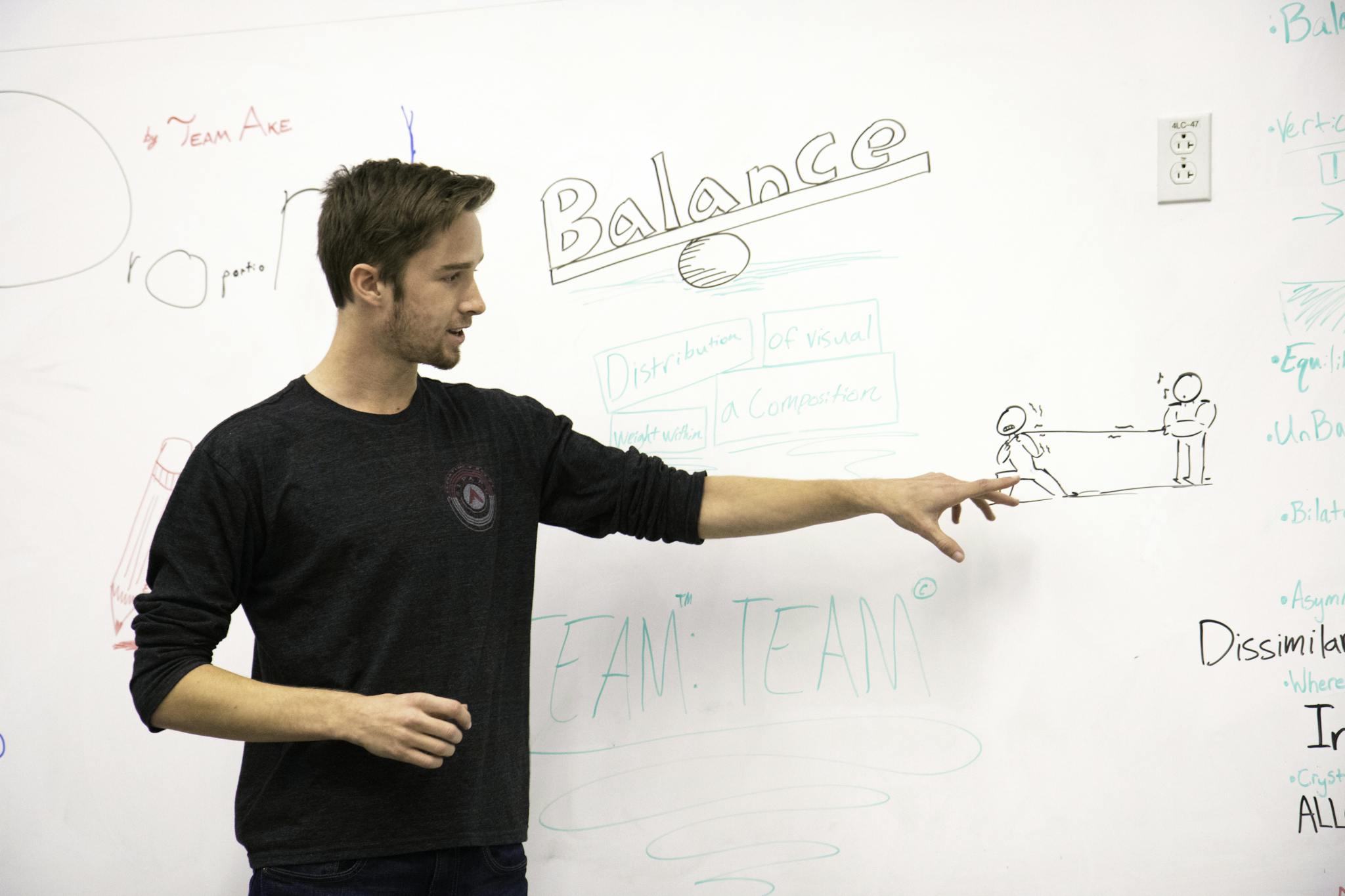 A young adult explaining concepts using a whiteboard in a classroom setting.